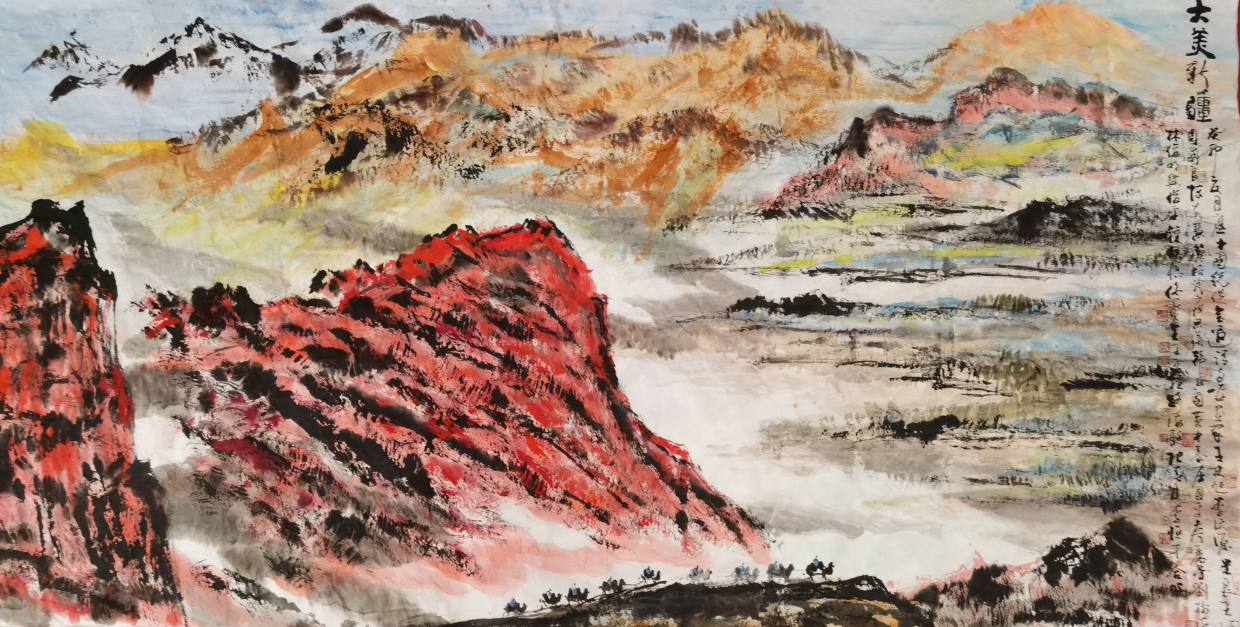 大美新疆李沃源，王德亮分别起草大画，两岸笔墨交融